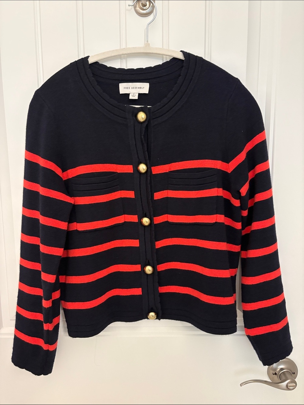 Navy and Red Striped Gold Button-Front Cardigan Size Small